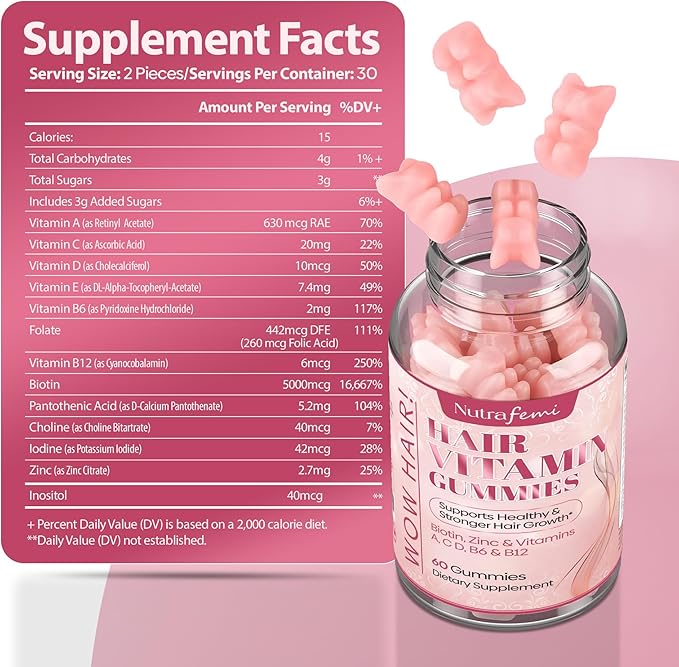 Biotin Gummies- Hair, Skin and Nails Vitamins for Men and Women, Supports Hair Growth and Stronger Nails, Hair Vitamin Gummies, Vitamin B7-60 Gummies - Image 2
