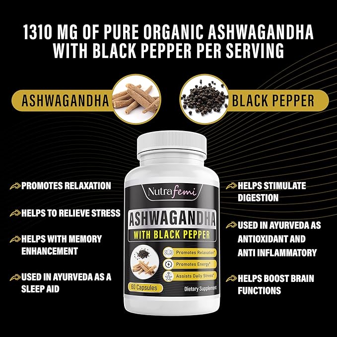Organic Ashwagandha with Black Pepper for Imporved Absorption. Resistant to Stress, Increases Energy Levels & Supports Memory Enhancement- 650 Mg 60 Capsules - Image 5