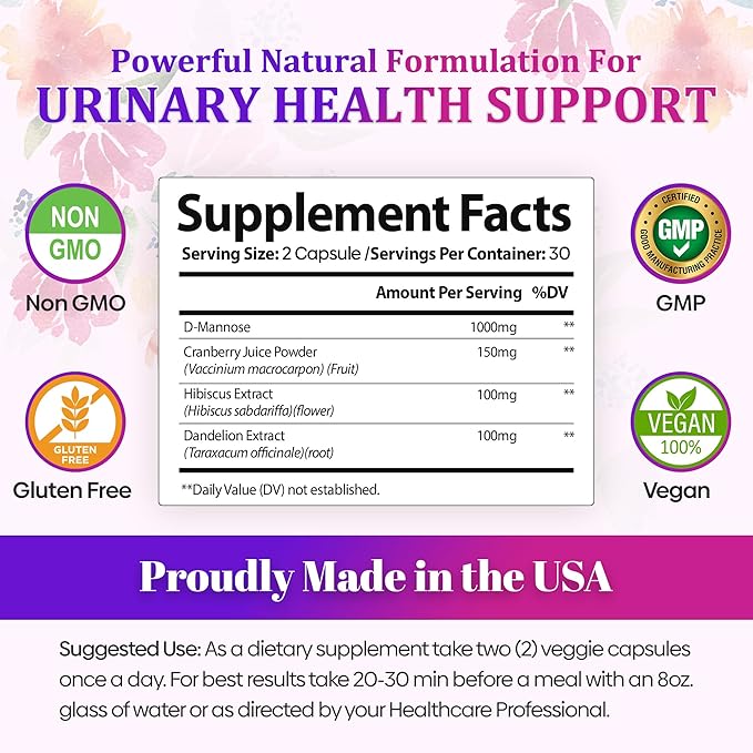 Natural Urinary Tract Health Supplements for Women, UTI Health Support, Flushes Impurities and Cleanses Urinary System, Bladder Support, D-Mannose with Cranberry, Dandelion & Hibiscus - Image 7