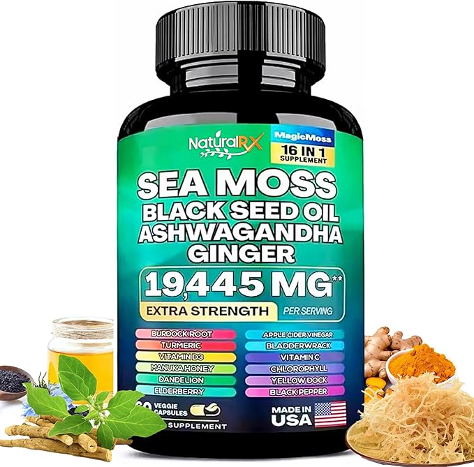 Organic Irish Sea Moss Capsules Sea Moss 7000mg Black Seed Oil 4000mg Ashwagandha 2000mg Turmeric Bladderwrack Burdock & Ginger Vitamin D3 with Elderberry Manuka Dandelion- 60 Veggie Capsules