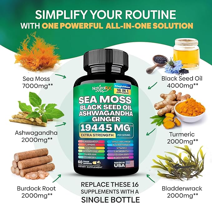 Organic Irish Sea Moss Capsules Sea Moss 7000mg Black Seed Oil 4000mg Ashwagandha 2000mg Turmeric Bladderwrack Burdock & Ginger Vitamin D3 with Elderberry Manuka Dandelion- 60 Veggie Capsules - Image 3