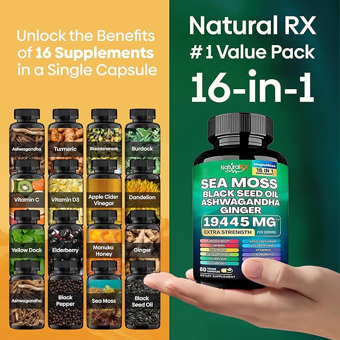 Organic Irish Sea Moss Capsules Sea Moss 7000mg Black Seed Oil 4000mg Ashwagandha 2000mg Turmeric Bladderwrack Burdock & Ginger Vitamin D3 with Elderberry Manuka Dandelion- 60 Veggie Capsules - Image 4